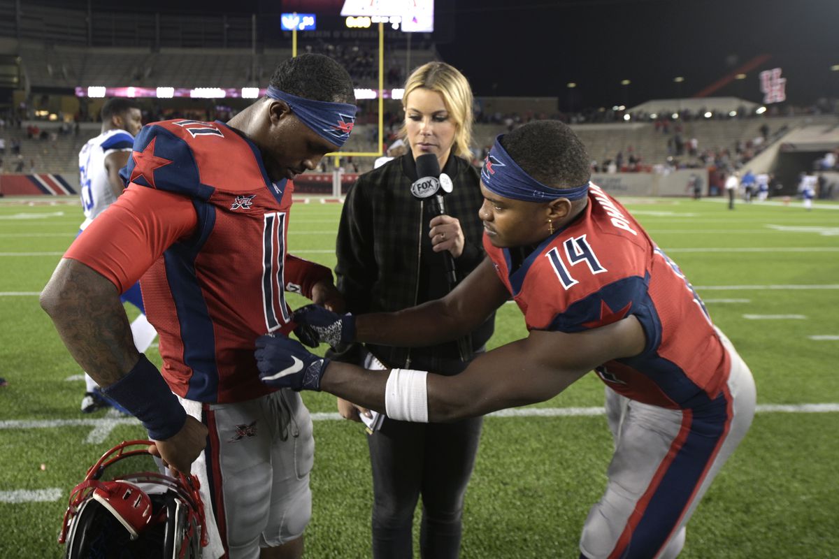 P.J. Walker and Cam Phillips of the Houston Roughnecks are interviewed after the game against the St. Louis BattleHawks at TDECU Stadium on February 16, 2020 in Houston, Texas.