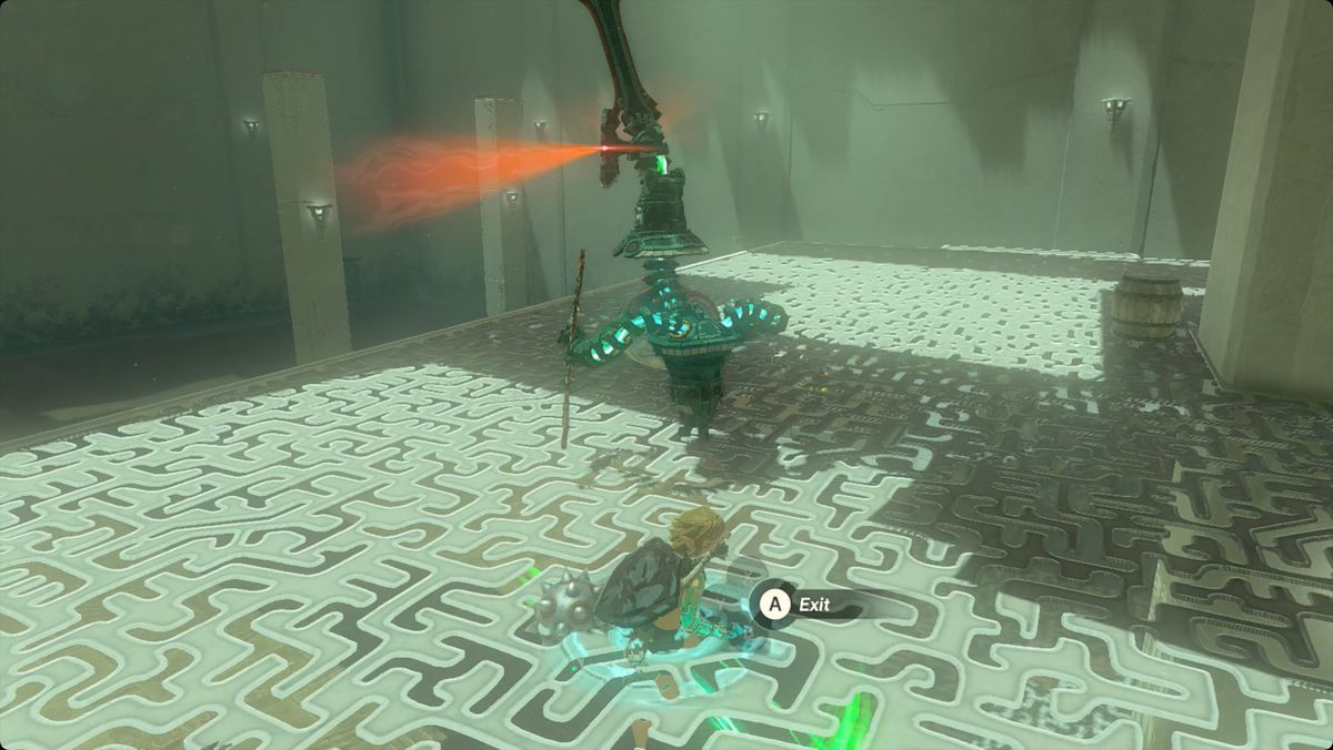 The Legend of Zelda: Tears of the Kingdom Link using Ascend to pop up behind a Construct in Nouda Shrine.
