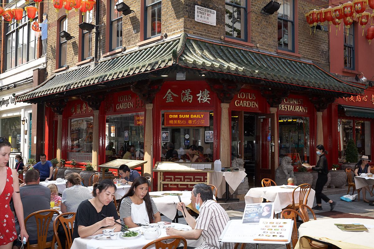 London’s Chinatown with outdoor tables in the streets for restaurants reopening after coronavirus lockdown