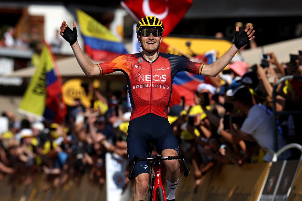 Carlos Rodriguez Cano of Spain and Team INEOS Grenadiers celebrates at finish line as stage winner during the stage fourteen of the 110th Tour de France 2023 a 151.8km stage from Annemasse to Morzine les Portes du Soleil / #UCIWT / on July 15, 2023 in Morzine les Portes du Soleil, France.