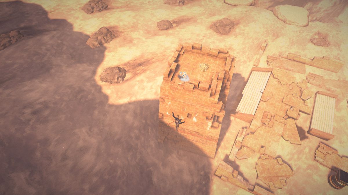 Viola springt op een toren in het midden van een woestijn in Bayonetta 3.