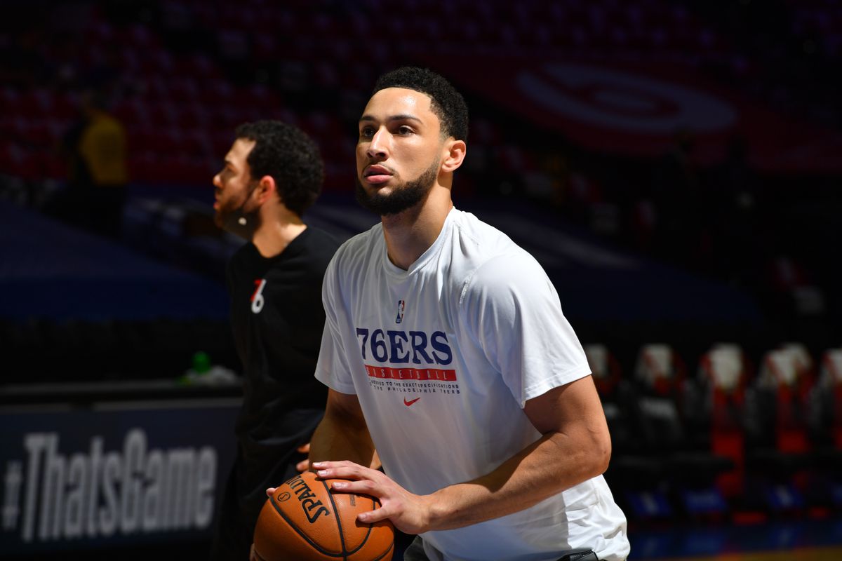 Ben Simmons #25 of the Philadelphia 76ers practices free throws prior to a game against the Atlanta Hawks during Round 2, Game 7 of the Eastern Conference Playoffs on June 20, 2021 at Wells Fargo Center in Philadelphia, Pennsylvania.