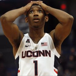 UConn's Christian Vital (1) reacts after committing a foul lat in overtime during the Monmouth Hawks vs UConn Huskies men's college basketball game at the XL Center in Hartford, CT on December 2, 2017.