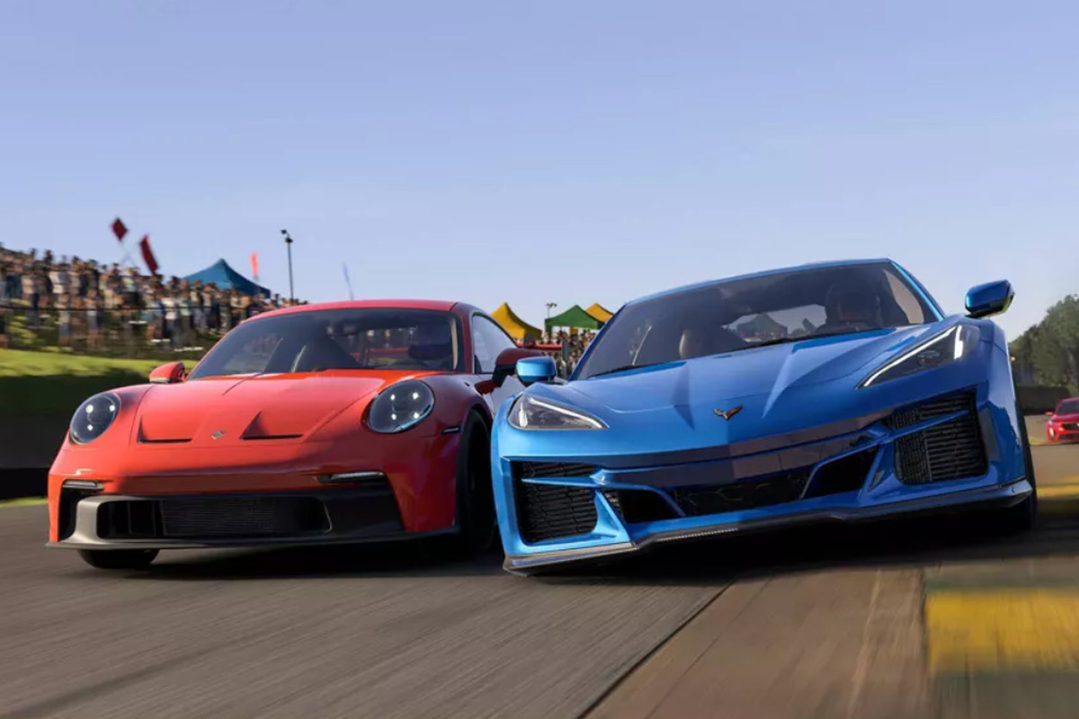 A screenshot from Forza Motorsport featuring two cars sideswiping each other