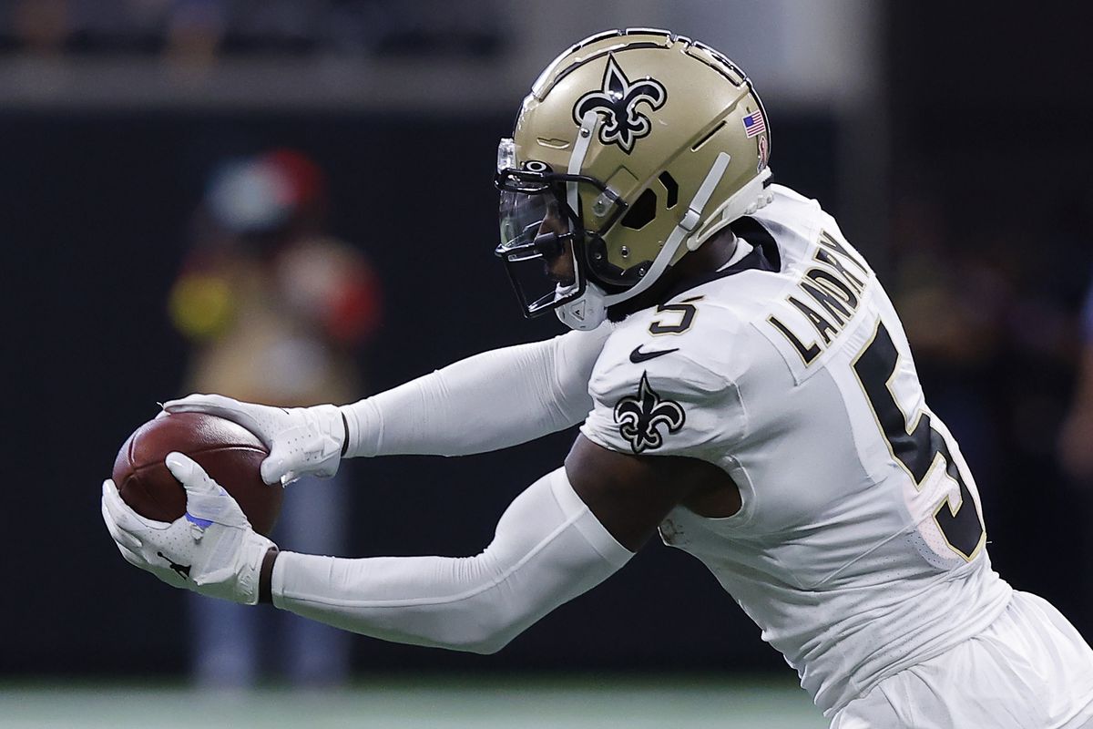 Jarvis Landry #5 of the New Orleans Saints catches a pass during the third quarter against the Atlanta Falcons at Mercedes-Benz Stadium on September 11, 2022 in Atlanta, Georgia.