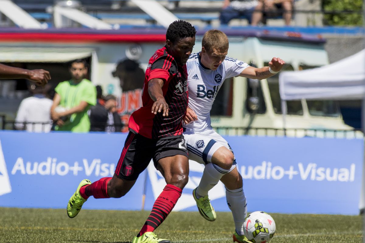 Brett Levis (R) battles for the ball Sunday afternoon. WFC2 defeated their rivals the Portland Timbers FC2 by a score of 3-2.