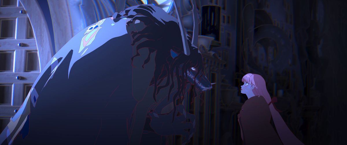 The monstrous beast confronts Belle in the animated movie Belle.