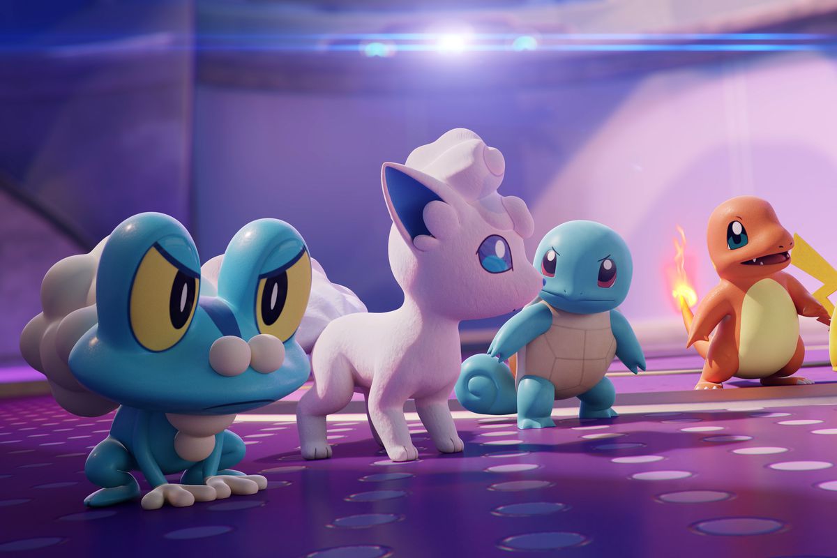 Froakie, Vulpix, Squirtle, Charmander, and Pikachu in a still from a Pokémon Unite cinematic
