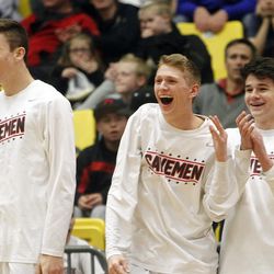 The American Fork bench celebrates after making a three-point basket in the first round of the 5A boys basketball tournament against Fremont at the UCCU Events Center in Orem, Tuesday, March 1, 2016.