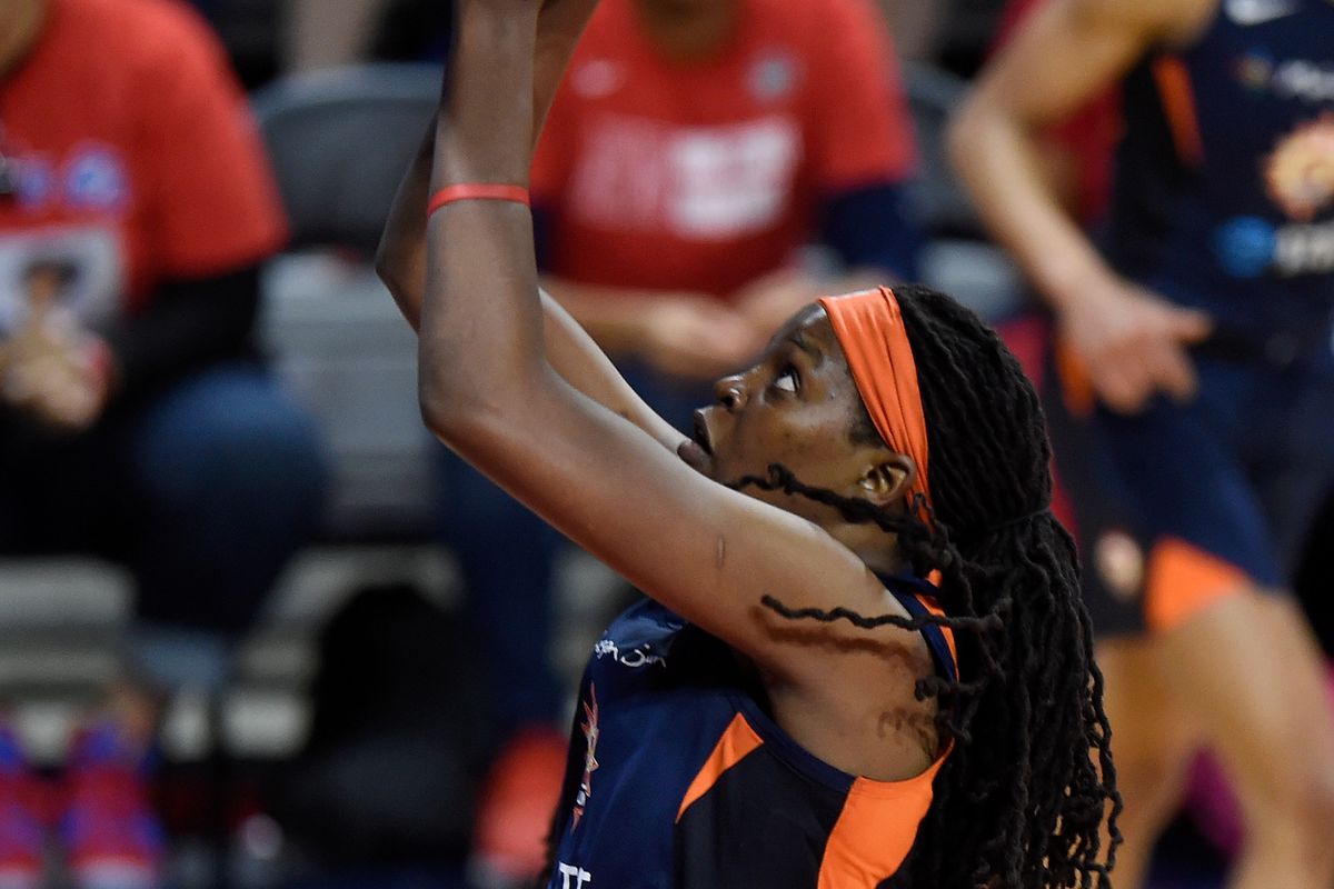 Jonquel Jones of the Connecticut Sun shoots the ball against the Washington Mystics in Game 5 of the 2019 WNBA Finals at St Elizabeths East Entertainment &amp; Sports Arena on October 10, 2019 in Washington, DC.