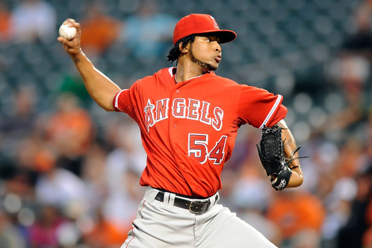 BALTIMORE - AUGUST 04:  Ervin Santana #54 of the Los Angeles Angels of Anaheim pitches against the Baltimore Orioles at Camden Yards on August 4 2010 in Baltimore Maryland.  (Photo by Greg Fiume/Getty Images)