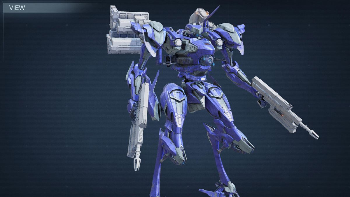 A blue close range build mech stands against a gray background in Armored Core 6.