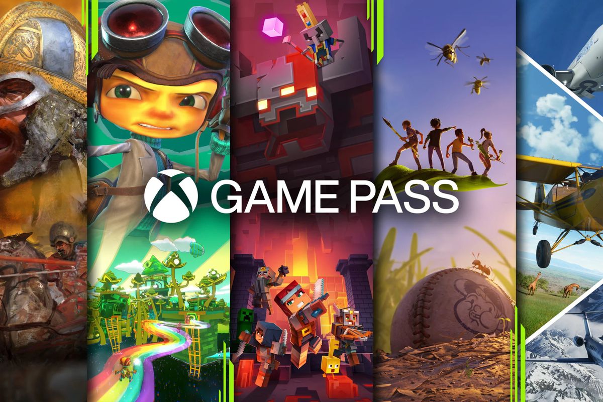 Key art for Xbox Game Pass featuring art from Age of Empires, Grounded, Psychonauts 2, and Microsoft Flight Simulator