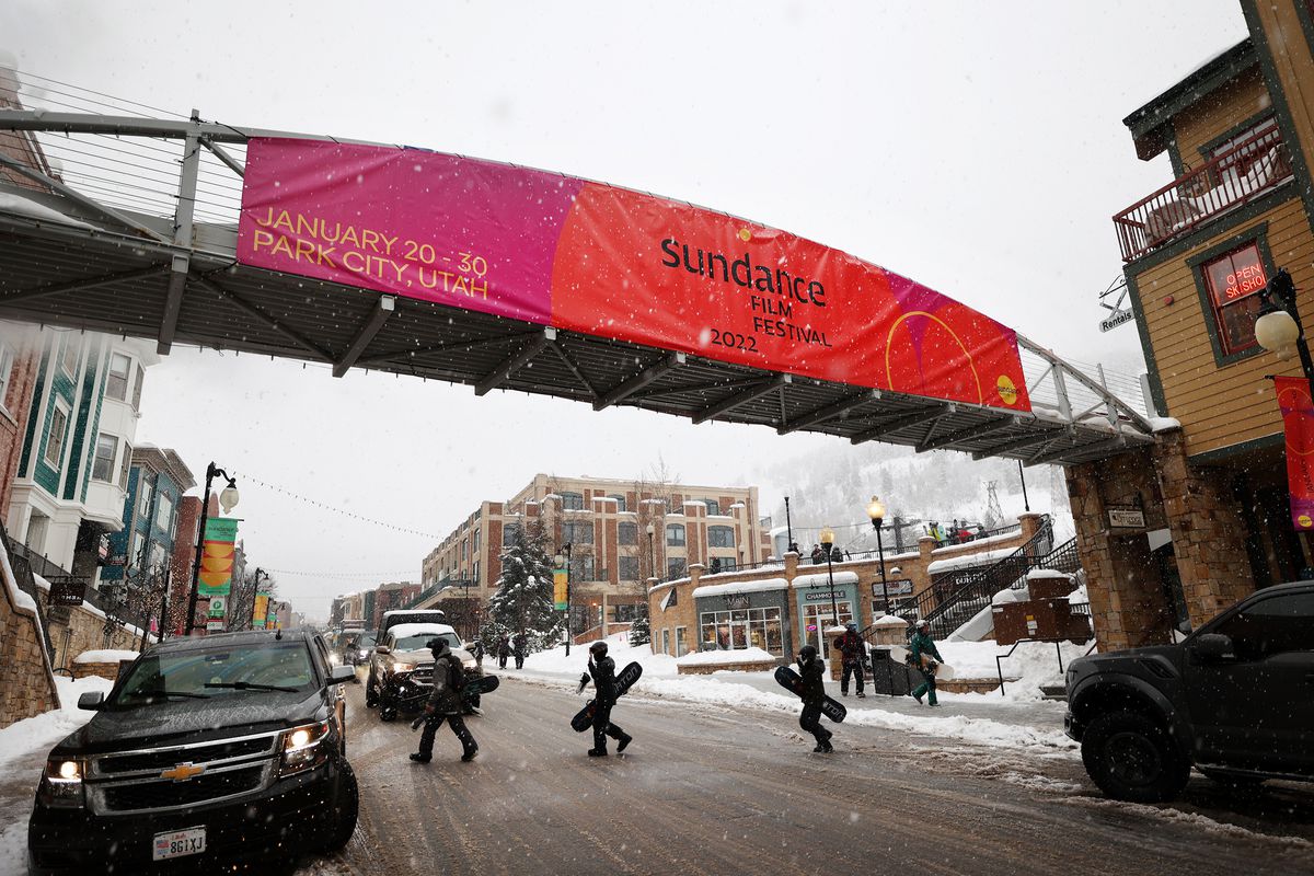 A banner announcing the Sundance Film Festival on Main Street in Park City on Wednesday, Jan. 5, 2022.&nbsp;Sundance announced Wednesday that the 2022 film festival is canceling its in-person events and going online only.