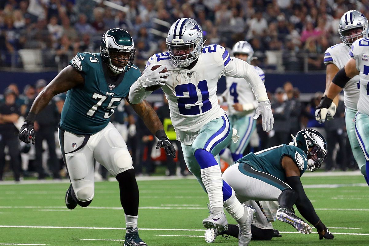 Ezekiel Elliott of the Dallas Cowboys carries the ball in the first quarter against the Philadelphia Eagles at AT&amp;T Stadium on October 20, 2019 in Arlington, Texas.