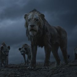 The hyenas (voices of Florence Kasumba, Eric André and Keegan-Michael Key) and Scar (voice of Chiwetal Ejiofor) in “The Lion King.”