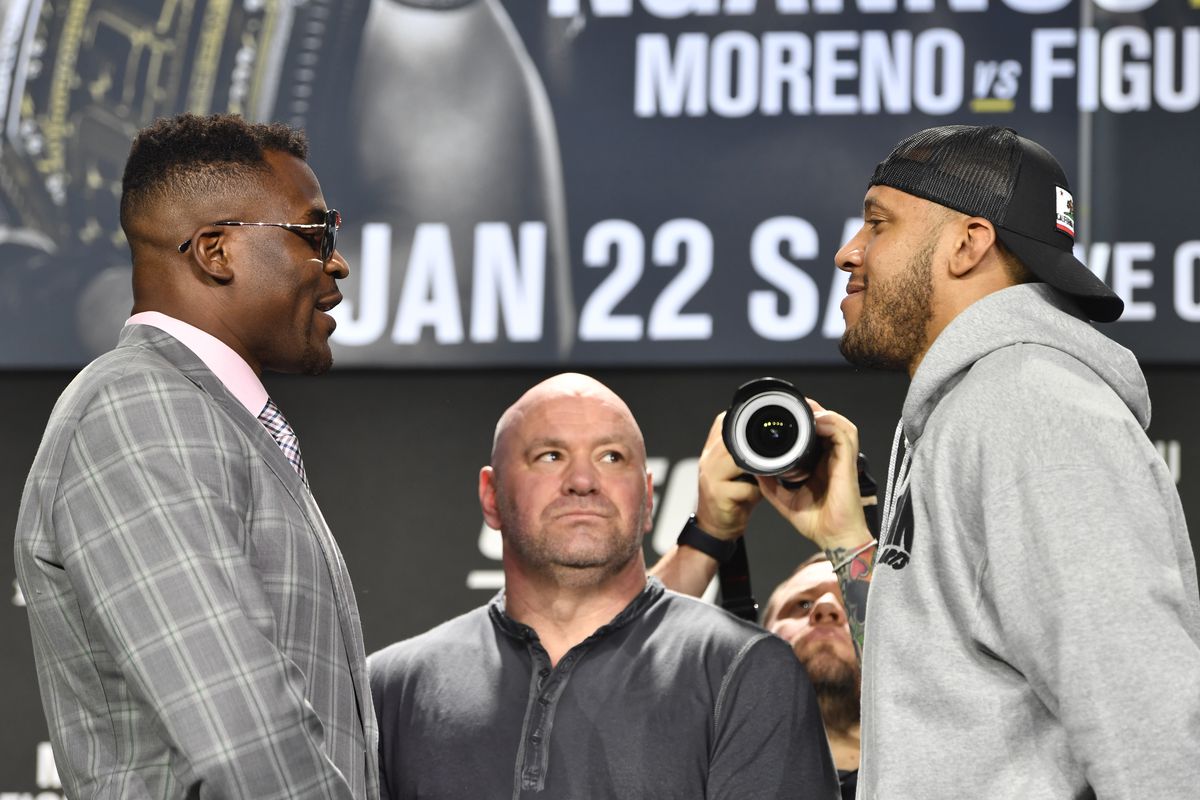 Opponents Francis Ngannou of Cameroon and Ciryl Gane of France face off during the UFC 270 press conference at the Anaheim Convention Center on January 20, 2022 in Anaheim, California.