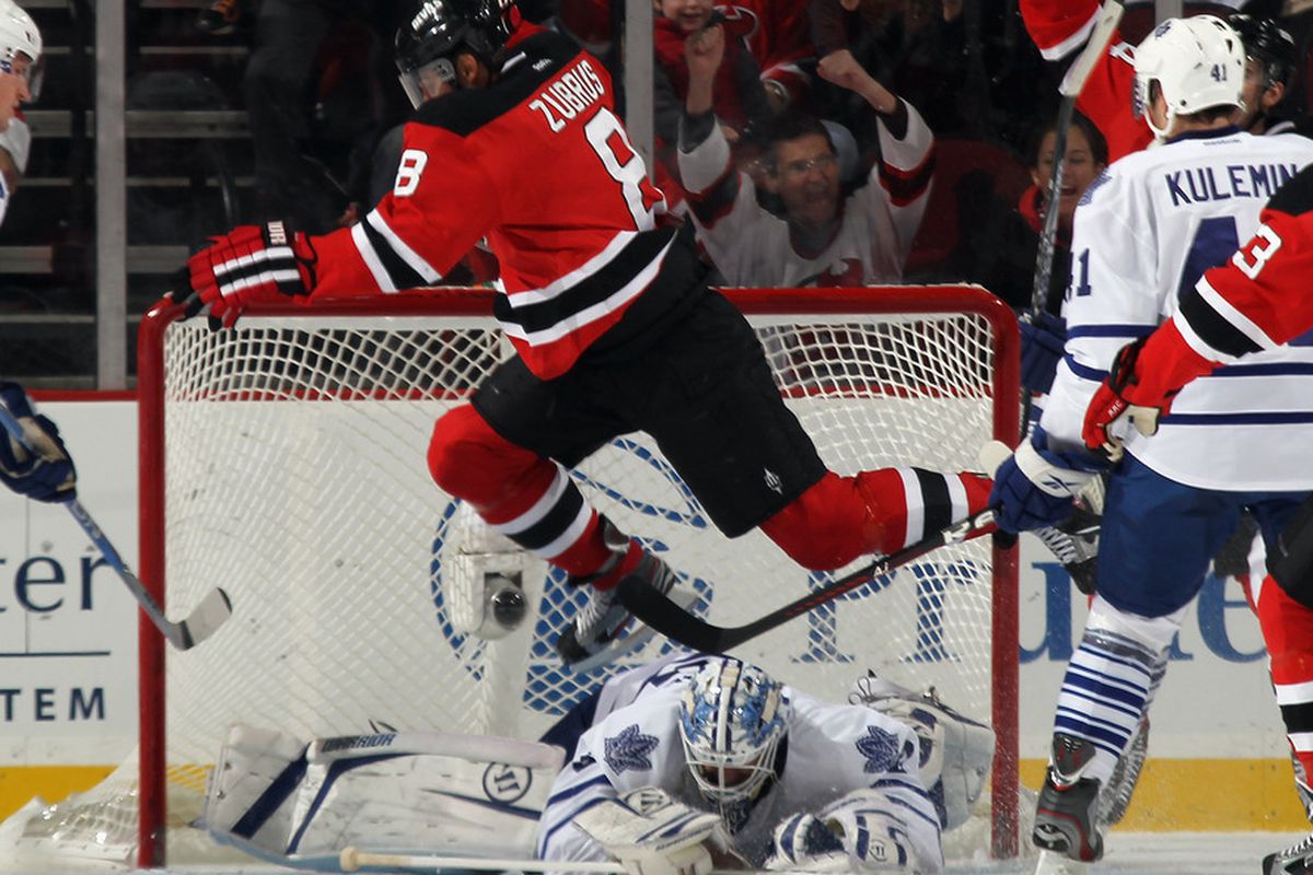 Dainius Zubrus scores a power play goal against the Toronto Maple Leafs last season. 