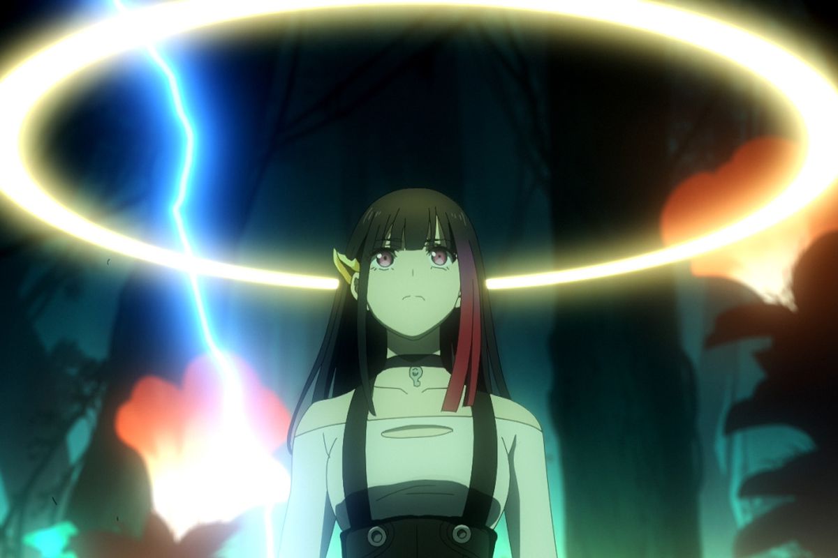 An anime girl with red highlights in her hair stands in an alien forest with glowing plants, a glowing halo hovering over her body with a bolt of lighting surging in the foreground in Metallic Rouge.