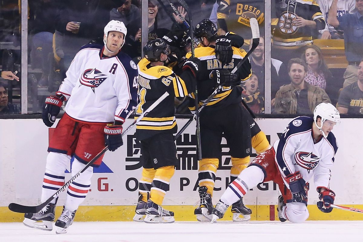Columbus Blue Jackets v Boston Bruins (Jimmy Hayes, Austin Czarnik celebrate a goal)