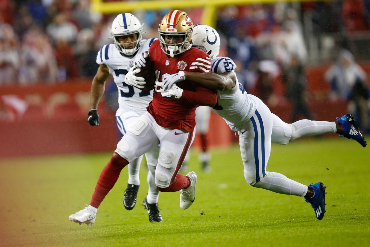 Deebo Samuel #19 of the San Francisco 49ers runs after making a catch during the game against the Indianapolis Colts at Levi’s Stadium on October 24, 2021 in Santa Clara, California.