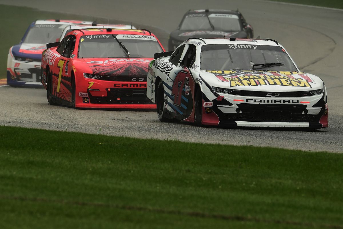 Kyle Weatherman, driver of the #47 Stand For The Flag Chevrolet, leads a pack of cars during the NASCR Xfinity Series Henry 180 at Road America on August 08, 2020 in Elkhart Lake, Wisconsin.