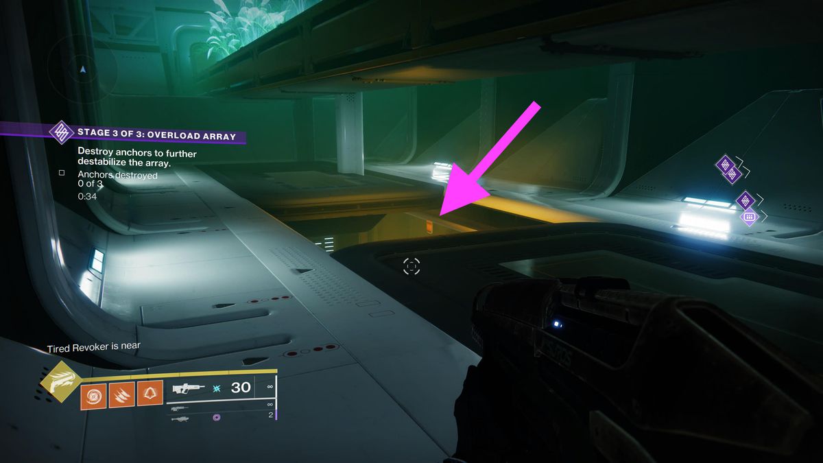 A hunter looks at a pit in a hallway leading to the Hydroponics Delta in Destiny 2 Lightfall.