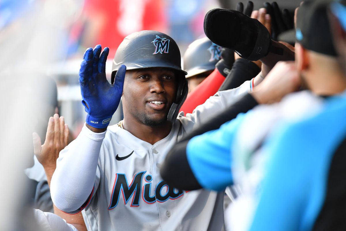 Miami Marlins right fielder Jorge Soler (12) celebrates his home run with teammates against the Philadelphia Phillies at Citizens Bank Park.