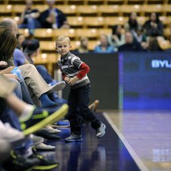 A young Cougar fan shows off his dance moves in a break during a game against the Santa Clara Broncos at the Marriott Center Saturday, Jan. 25, 2014.