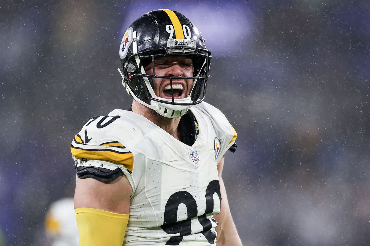 T.J. Watt #90 of the Pittsburgh Steelers reacts after a sack in the third quarter of a game against the Baltimore Ravens at M&amp;T Bank Stadium on January 06, 2024 in Baltimore, Maryland.