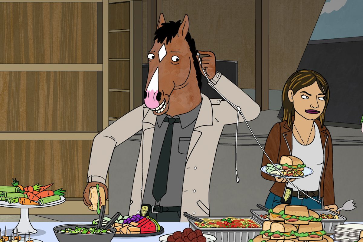 BoJack and Gina sharing headphones while eating from a buffet table on a TV set
