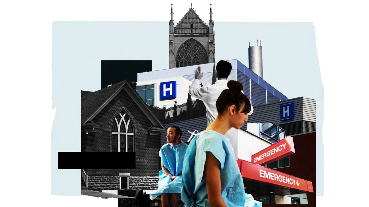 A photo illustration of medical workers, a hospital, and a church.
