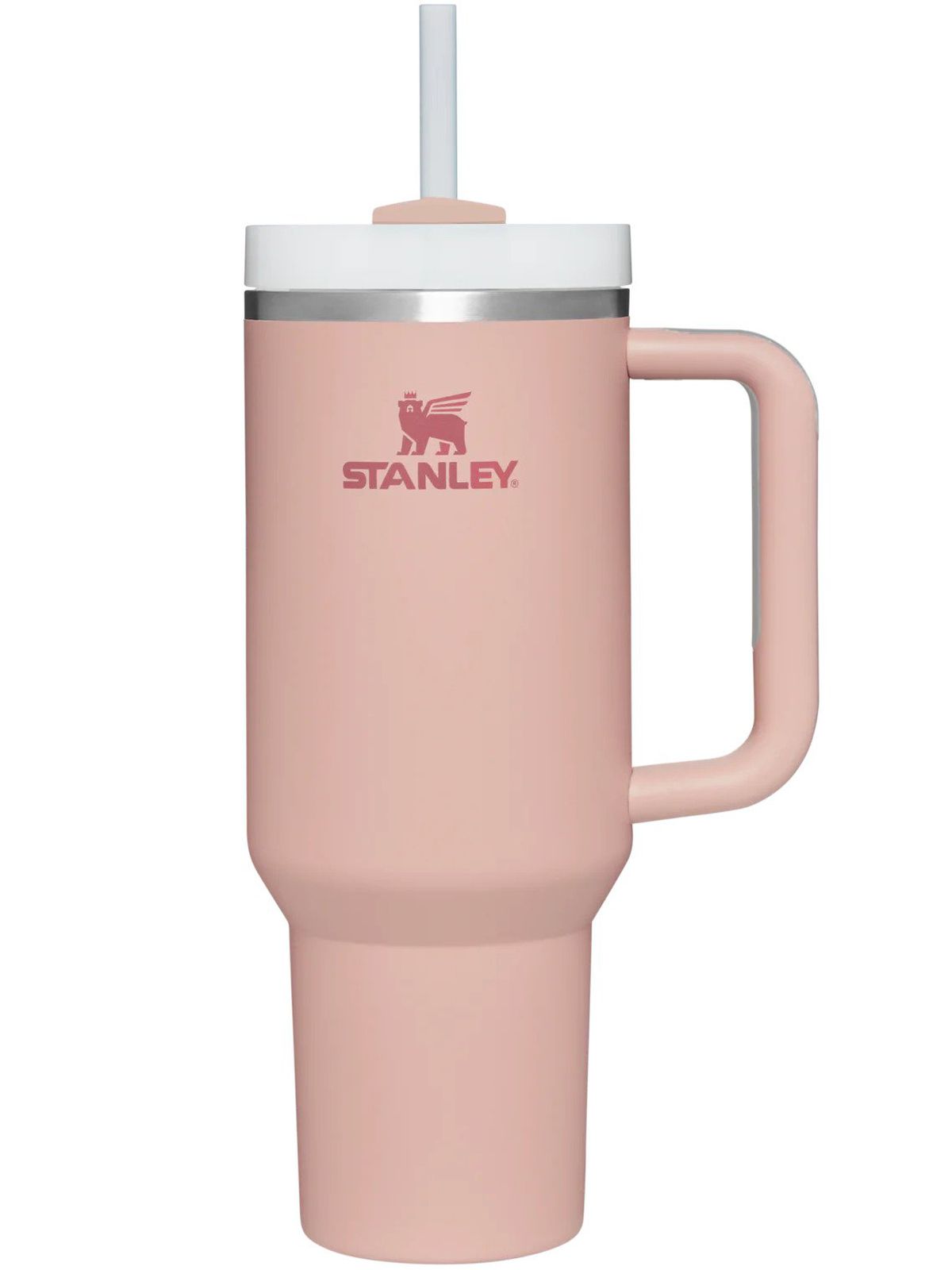 A pink Stanley cup with handle