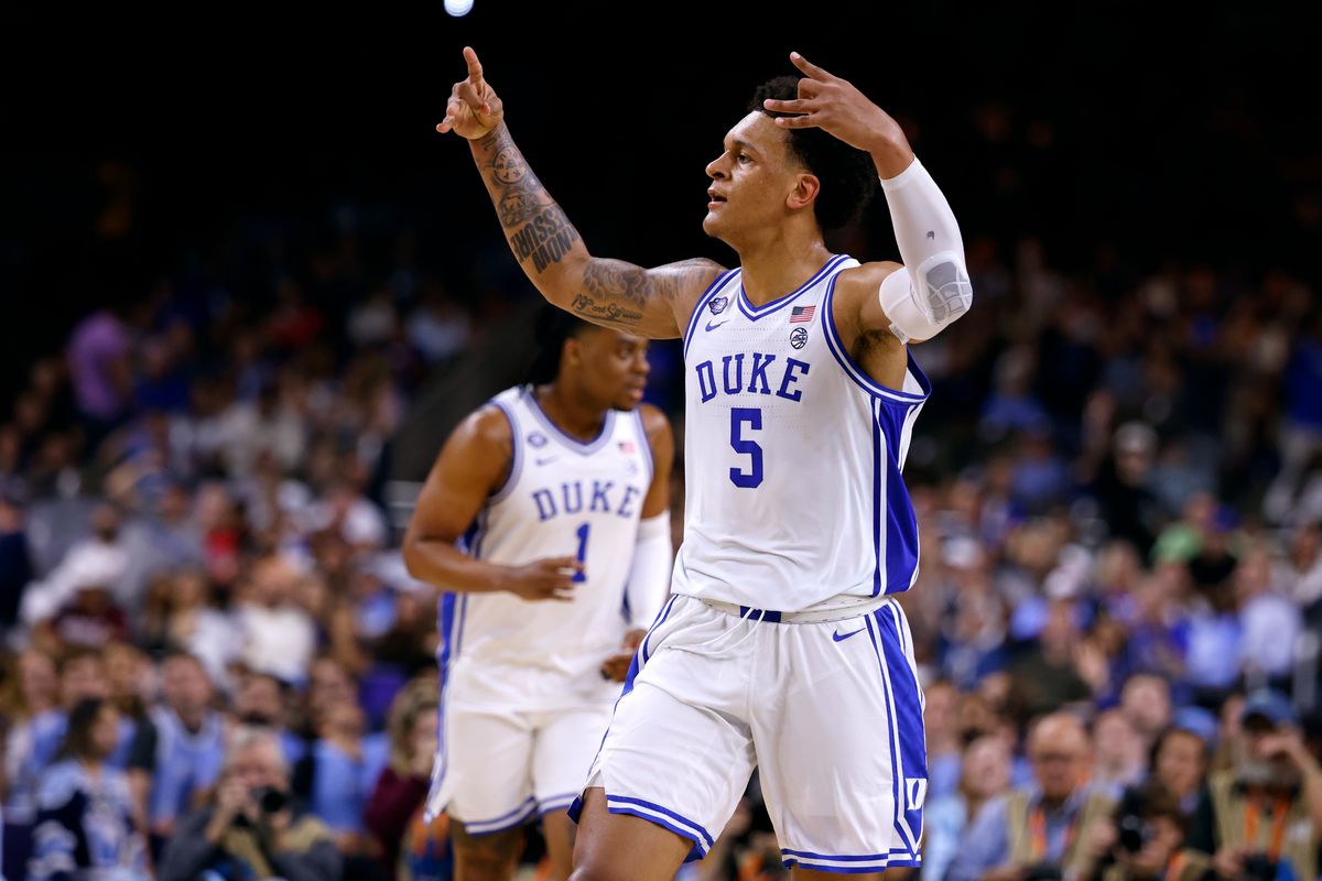 Paolo Banchero #5 of the Duke Blue Devils reacts during their game against the North Carolina Tar Heels during the 2022 NCAA Men’s Basketball Tournament Final Four semifinal at Caesars Superdome on April 2, 2022 in New Orleans, Louisiana.