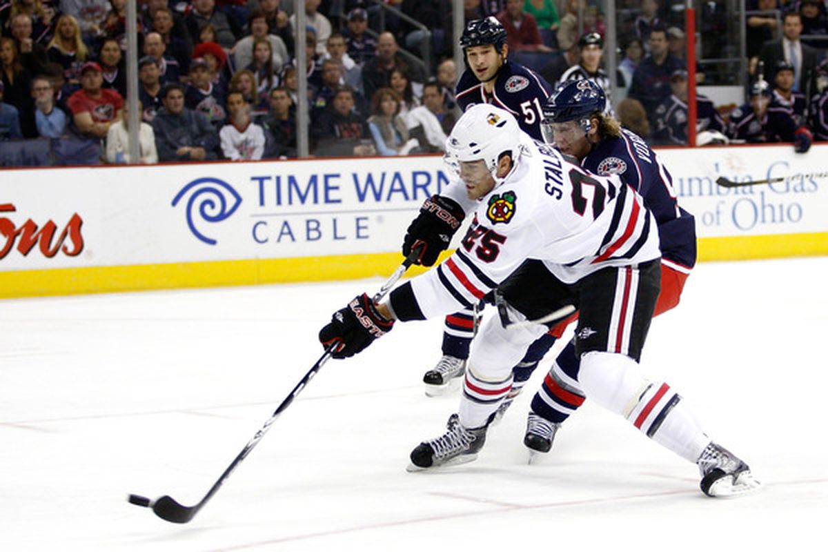 Viktor Stalberg of the Chicago Blackhawks beats goaltender Steve Mason of the Blue Jackets for the first goal of the game on Friday at Nationwide Arena in Columbus.  (Photo by John Grieshop/Getty Images)