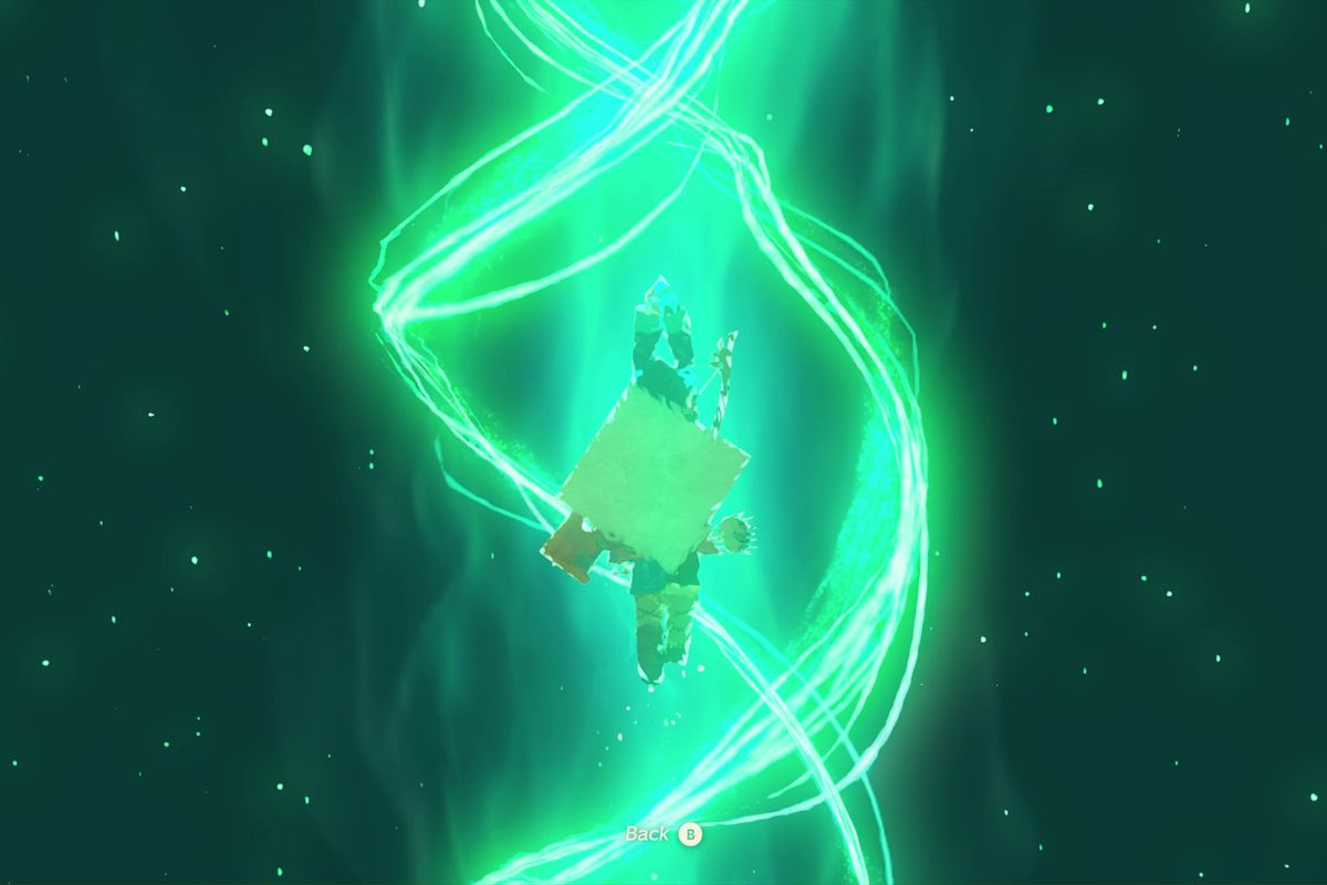 Link using the Ascend ability in The Legend of Zelda: Tears of the Kingdom, flying upward with a glowing green helix swirling around him