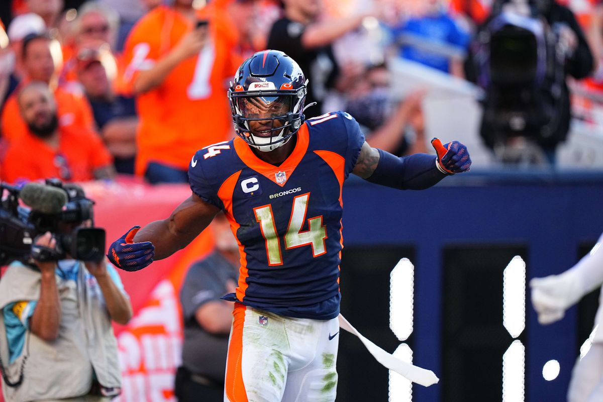 Denver Broncos wide receiver Courtland Sutton (14) reacts in the second half against the Las Vegas Raiders at Empower Field at Mile High.