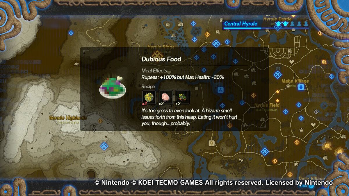 Dubious food in Age of Calamity takes away a couple of hearts while doubling your rupees. 
