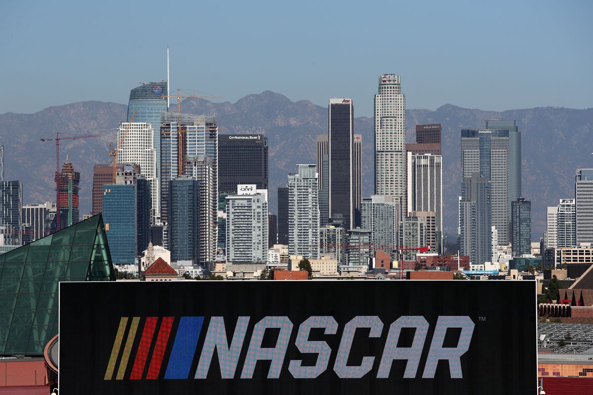 A general view of the Los Angeles skyline from the Los Angeles Coliseum during previews for the NASCAR Cup Series Busch Light Clash on February 04, 2022 in Los Angeles, California.