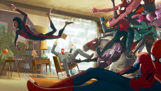 Miles Morales jagas av ett team av Spider-Men genom en psykiaterkontor i en stillhet från Spider-Man: över Spider-vers