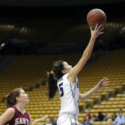 Brigham Young Cougars guard Kylie Maeda (15) puts in a layup during a game against the Santa Clara Broncos at the Marriott Center on Saturday, January 25, 2014. 