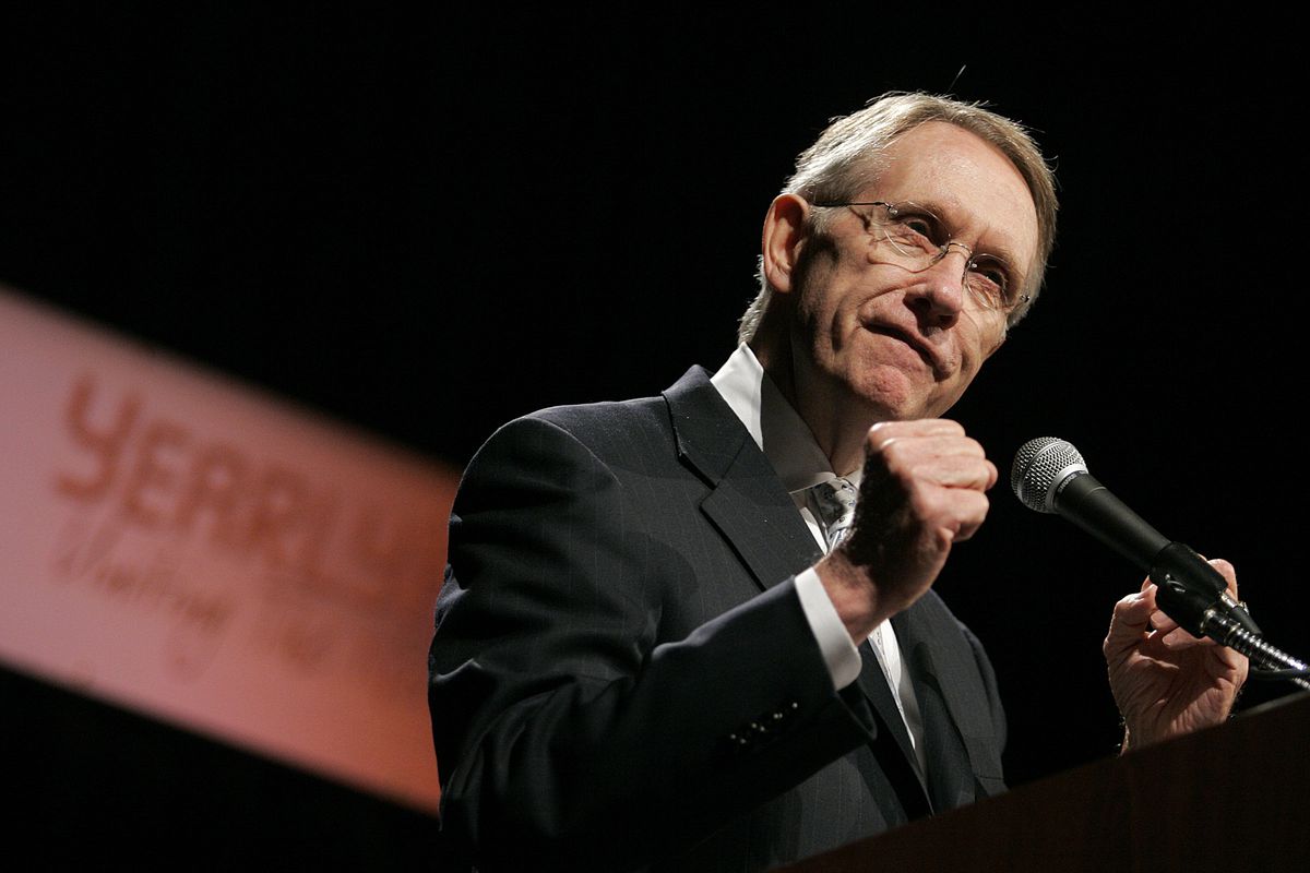 Senate Minority Leader Harry Reid, D-Nev., delivers a speech at the YearlyKos convention in Las Vegas on June 10, 2006. Reid, the former Senate majority leader and Nevada’s longest-serving member of Congress, died on Tuesday, Dec. 28, 2021. He was 82.