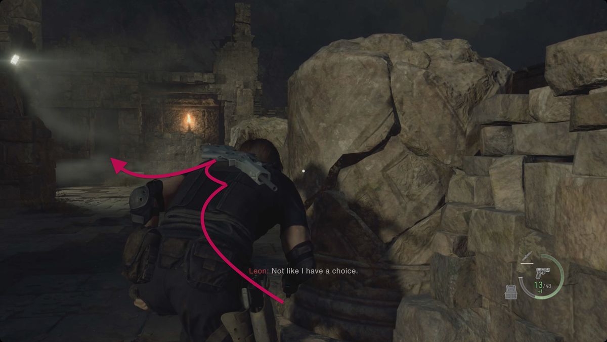 Resident Evil 4&nbsp;remake&nbsp;Leon hiding behind a stone pillar while Krauser shoots at him in the Ruins
