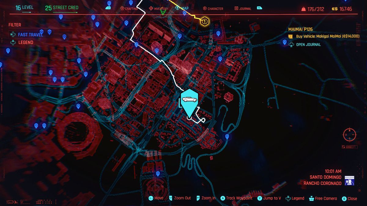 A map detailing the location of a Delamain cab in Cyberpunk 2077