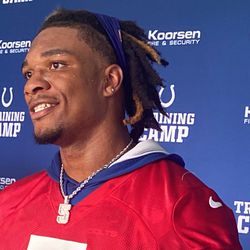 Colts rookie quarterback Anthony Richardson speaks to the media following his first NFL training camp practice — July 26, 2023. 