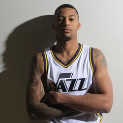 Trey Burke poses for a photo as the Utah Jazz hold their media day Monday, Sept. 29, 2014, in Salt Lake City at the Zions Bank Basketball Center.