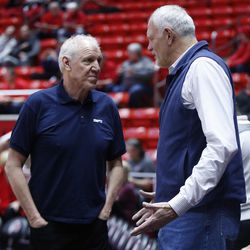Former NBA players Bill Walton and Mark Eaton talk prior to the Utah game in Salt Lake City on Thursday, Feb. 22, 2018.