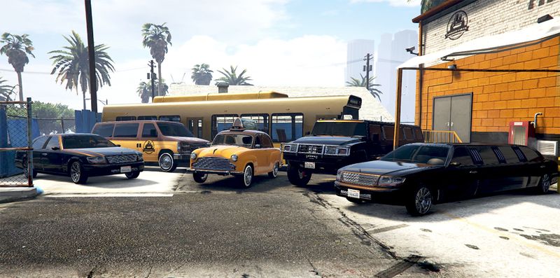 Grand Theft Auto Online - an array of vehicles in Grand Theft Auto Online are lined up in a parking lot, each decked out with custom livery for a role-play cab company.