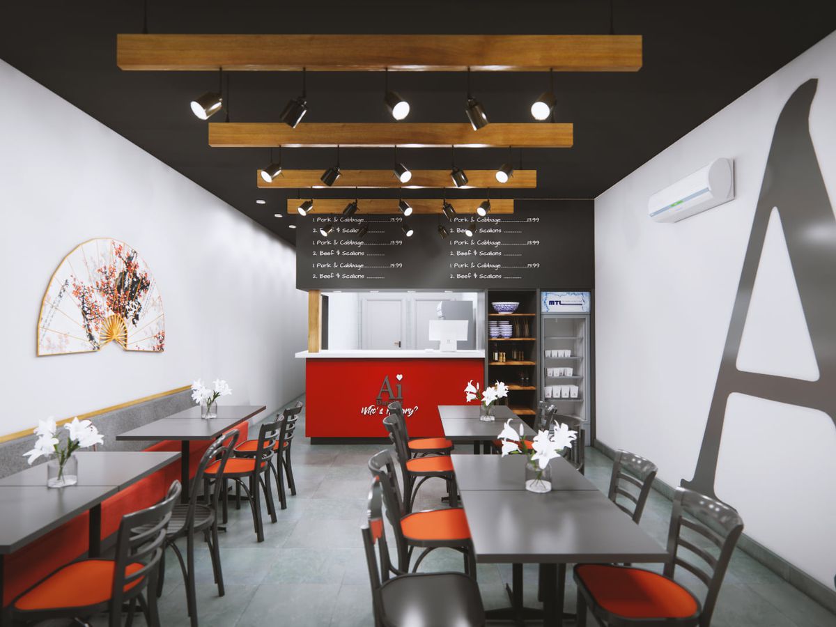 restaurant with white walld, red accents, and large letter A on wall