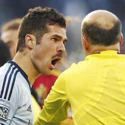 Sporting's Benny Feilhaber yells at an official as Real Salt Lake and Sporting KC play Saturday, Dec. 7, 2013 in MLS Cup action.